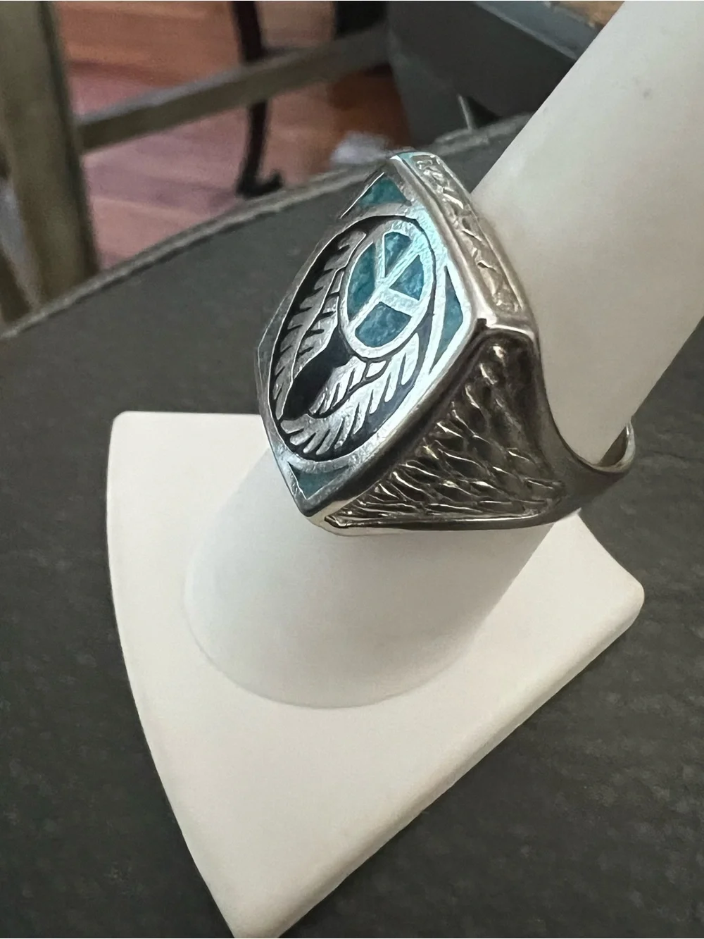 Turquoise Inlay Winged Emblem Sterling Men's Ring